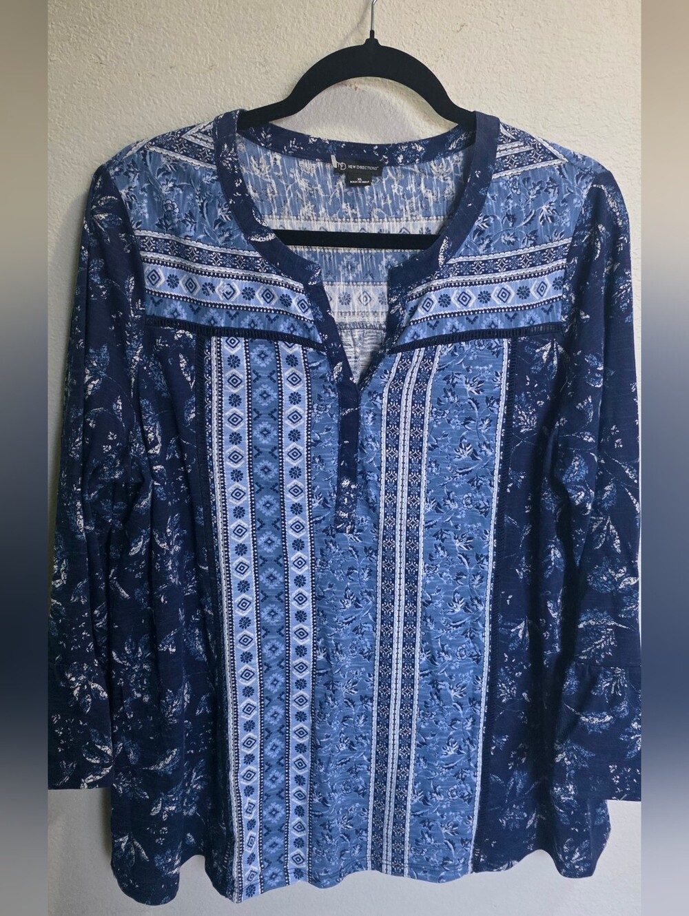 New Directions Blue Printed Boho Blouse